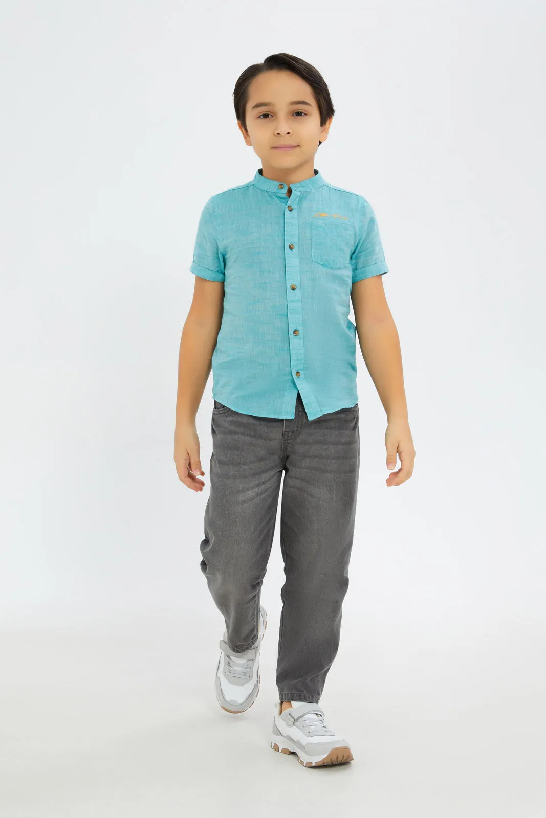 Boys Mint Short Sleeved Mandarin Collar Shirt