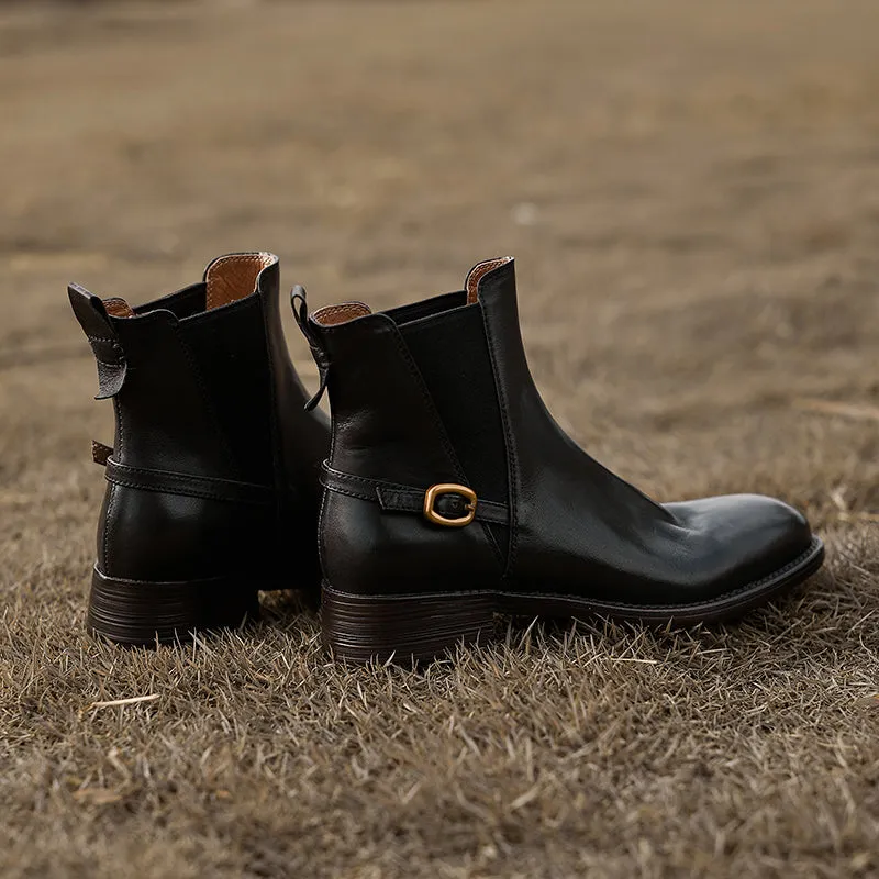 Classic Western Ankle Booties Low Heel Handmade Chelsea Boots with Metal Buckle Accent