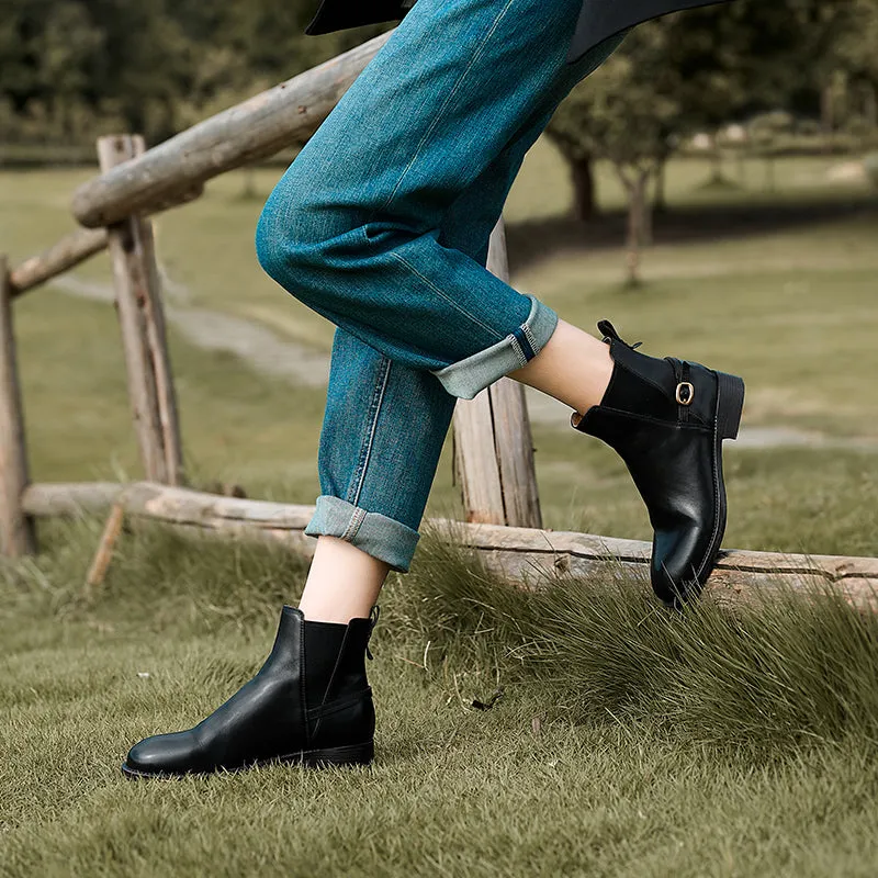 Classic Western Ankle Booties Low Heel Handmade Chelsea Boots with Metal Buckle Accent