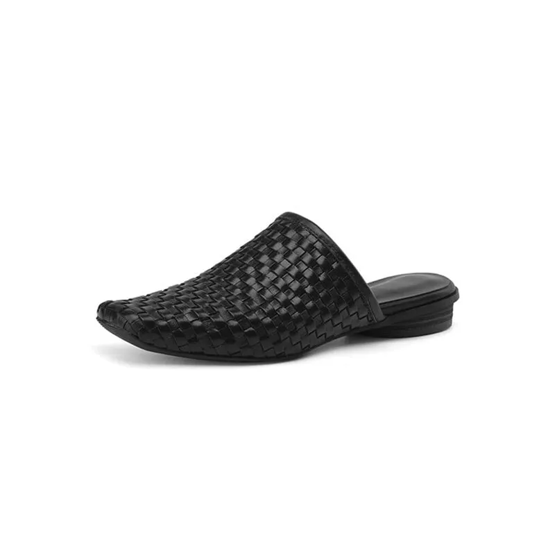 Comfy Leather Woven Mules Soft Casual Slippers in Black/Brown