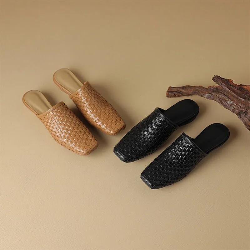 Comfy Leather Woven Mules Soft Casual Slippers in Black/Brown