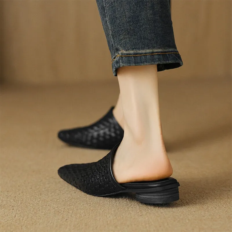 Comfy Leather Woven Mules Soft Casual Slippers in Black/Brown