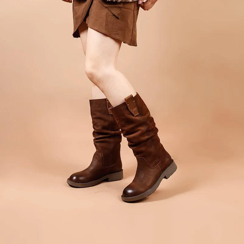 Designer Full Grain Leather Knee High Boots Fold Design Riding Boots in Black/Brown/Coffee