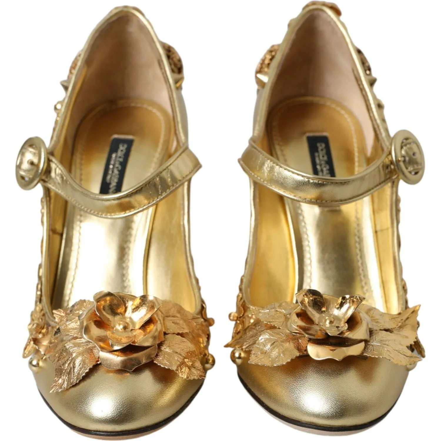 Dolce & Gabbana Gold Leather Crystal Mary Janes Pumps Shoes