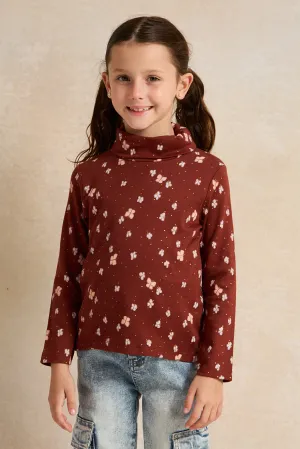 Girls Brown And Pink Printed T-Shirt Set (2 Piece)