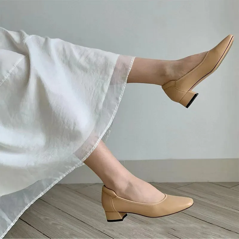 Handmade Genuine Leather Pumps In Nude/Black/Gray Fashion Style Block Heels