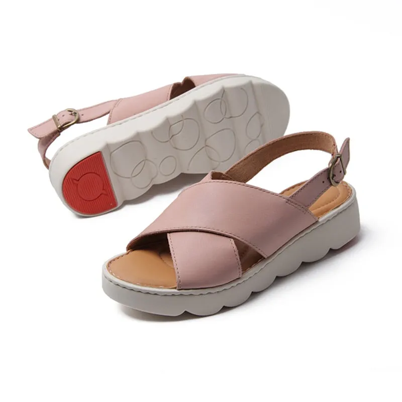 Handmade Leather x strap Sandals in Pink/Brown/Black/Golden/Beige- Womens Platform Slingback