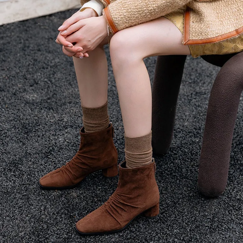 Handmade Soft Leather Chelsea Boots For Women Retro Square Toe in Brown/Black