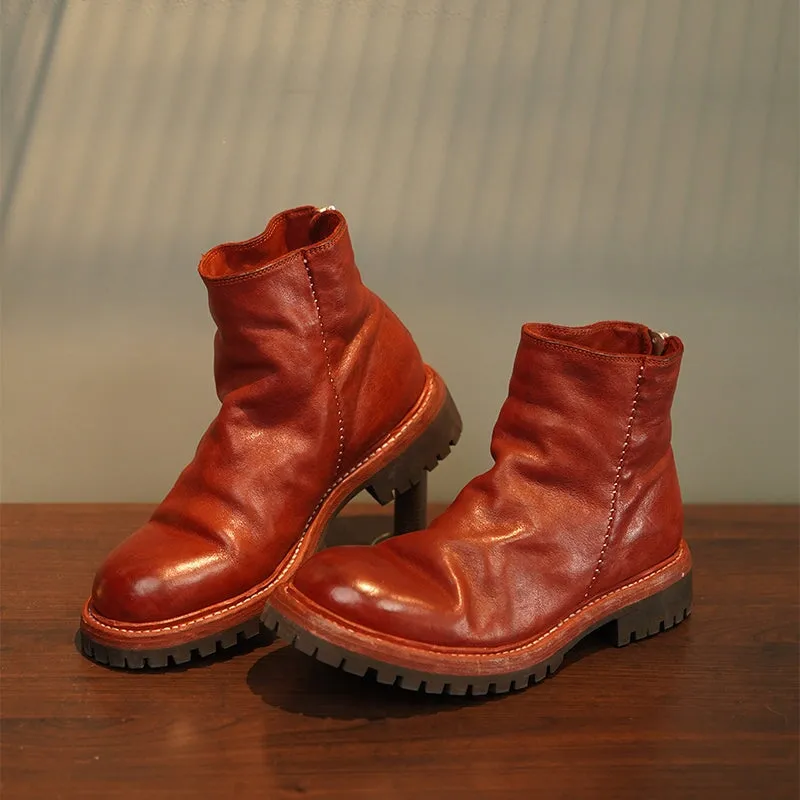 Horse Leather Chelsea Boots Leather Sole Short Boots For Winter Back Zip In Red/Coffee