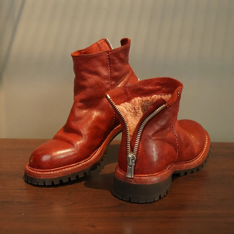 Horse Leather Chelsea Boots Leather Sole Short Boots For Winter Back Zip In Red/Coffee