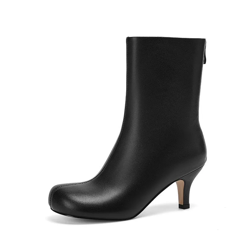 Leather Kitten Heel Ankle Boots Elegant Glove-Like Slimming Boots Back Zipper Boots