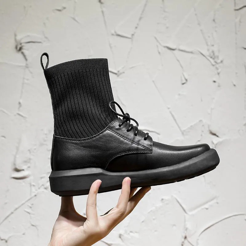 Leather Sock Boots Handmade Designer Shoes Lace Up Soft Boots Black