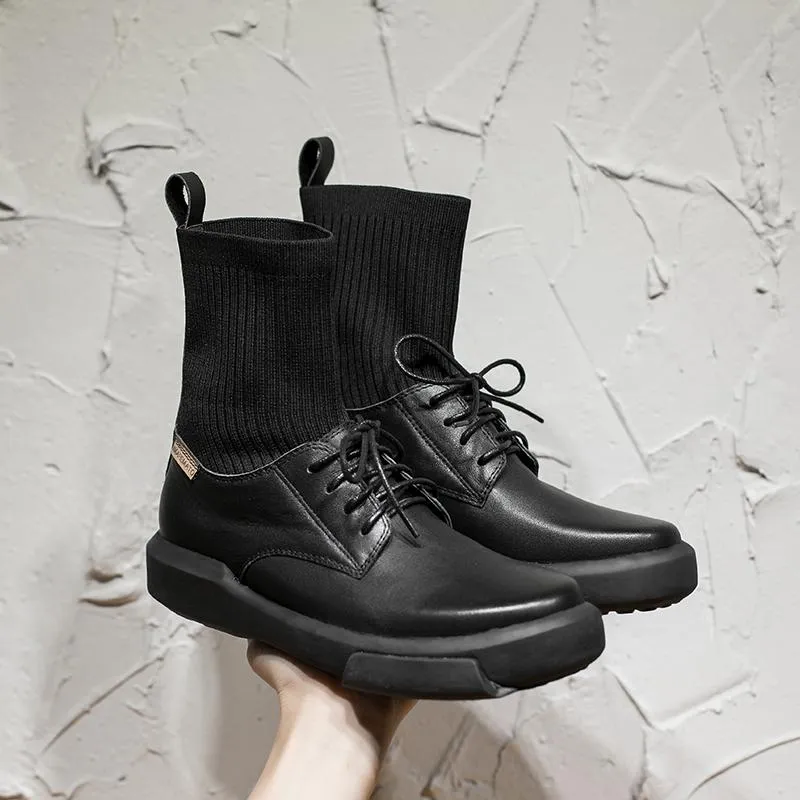 Leather Sock Boots Handmade Designer Shoes Lace Up Soft Boots Black