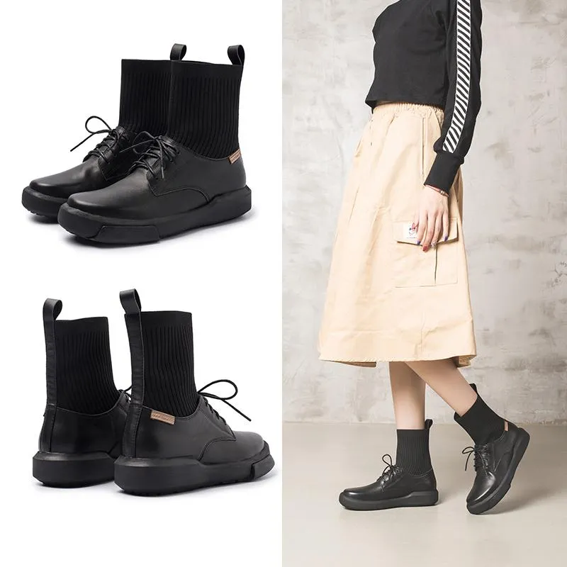 Leather Sock Boots Handmade Designer Shoes Lace Up Soft Boots Black