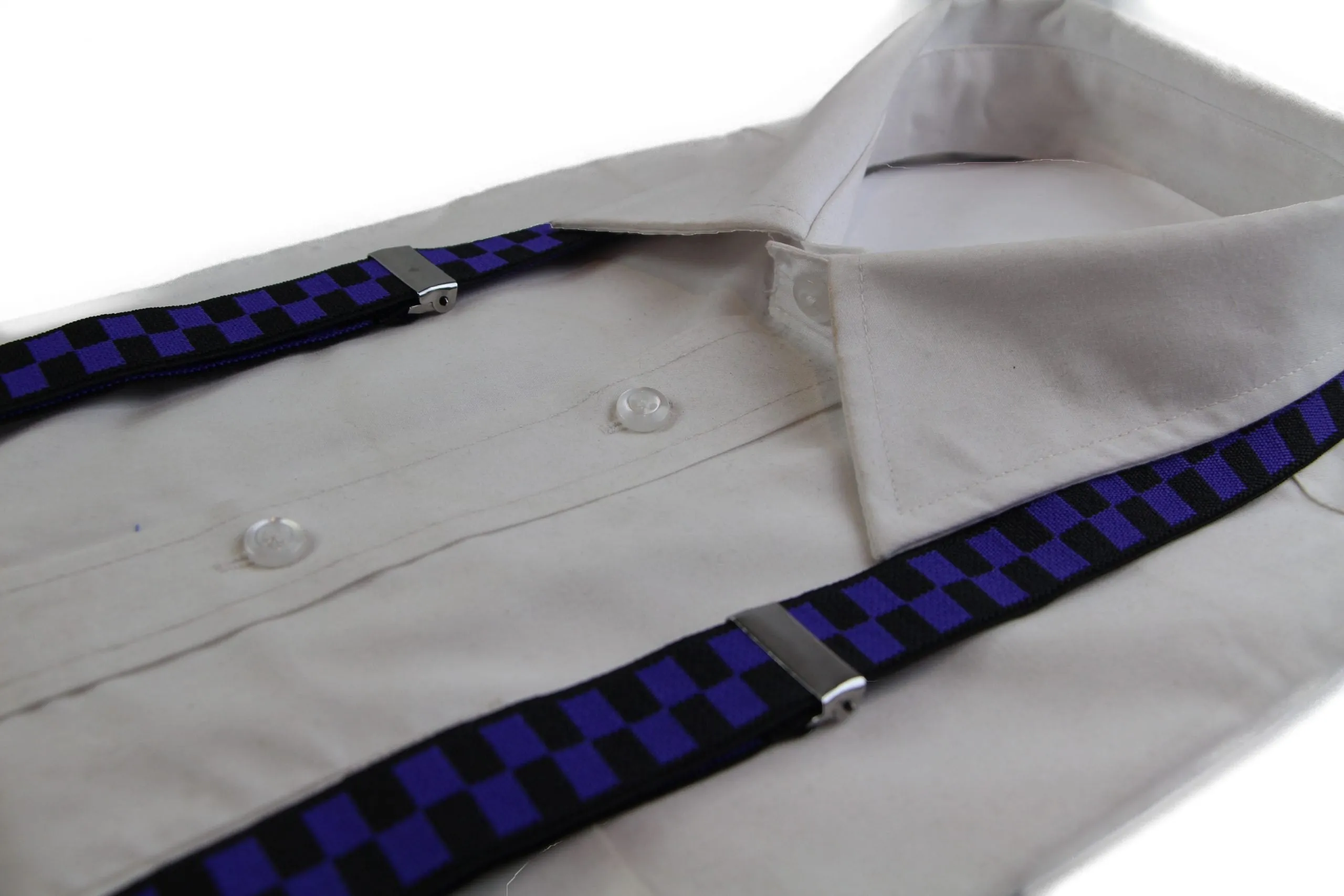 Mens Adjustable Black & Dark Purple Checkered Patterned Suspenders