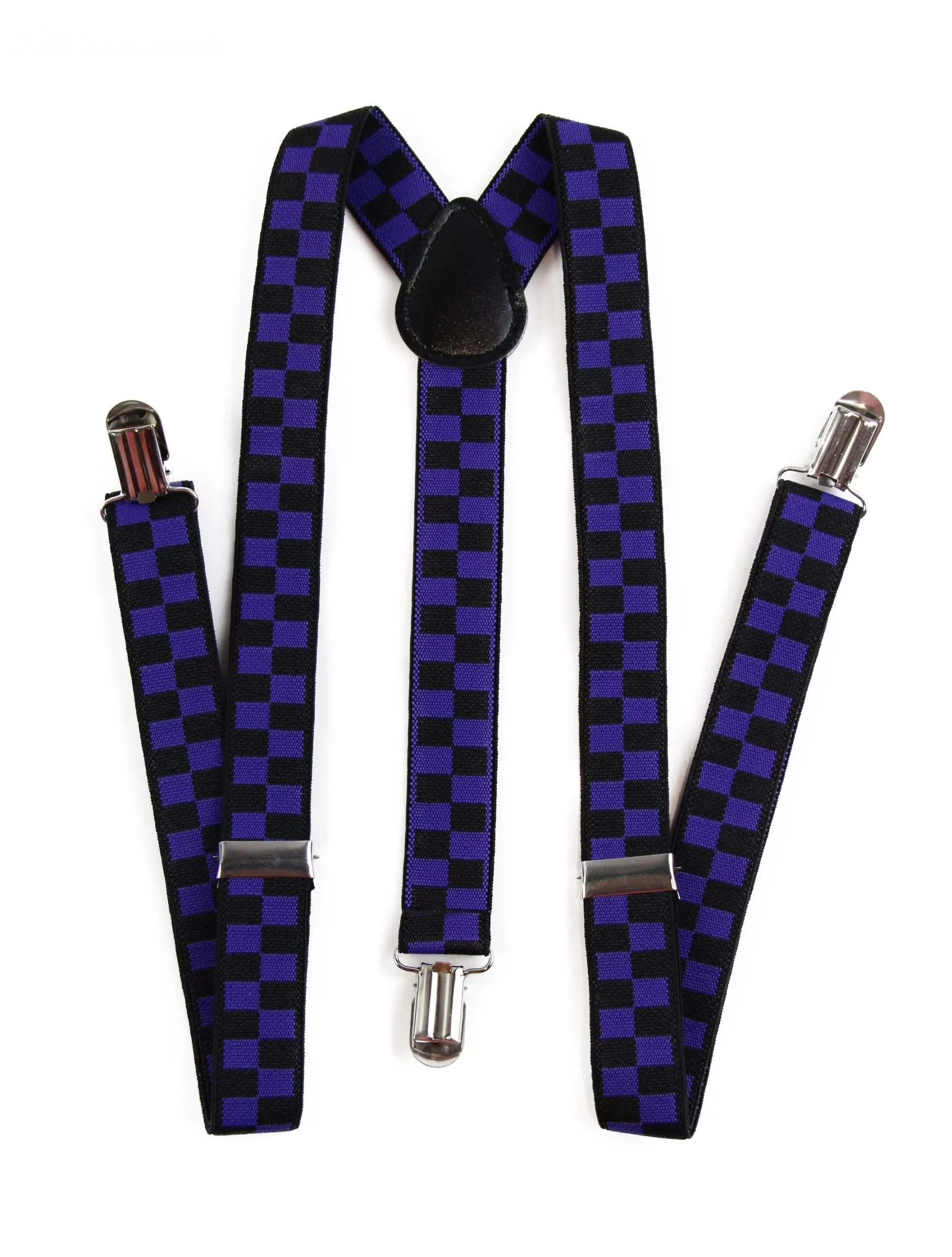 Mens Adjustable Black & Dark Purple Checkered Patterned Suspenders