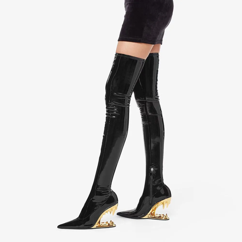 Pointed Toe Over-the-Knee Boots with Teeth Shape Heels