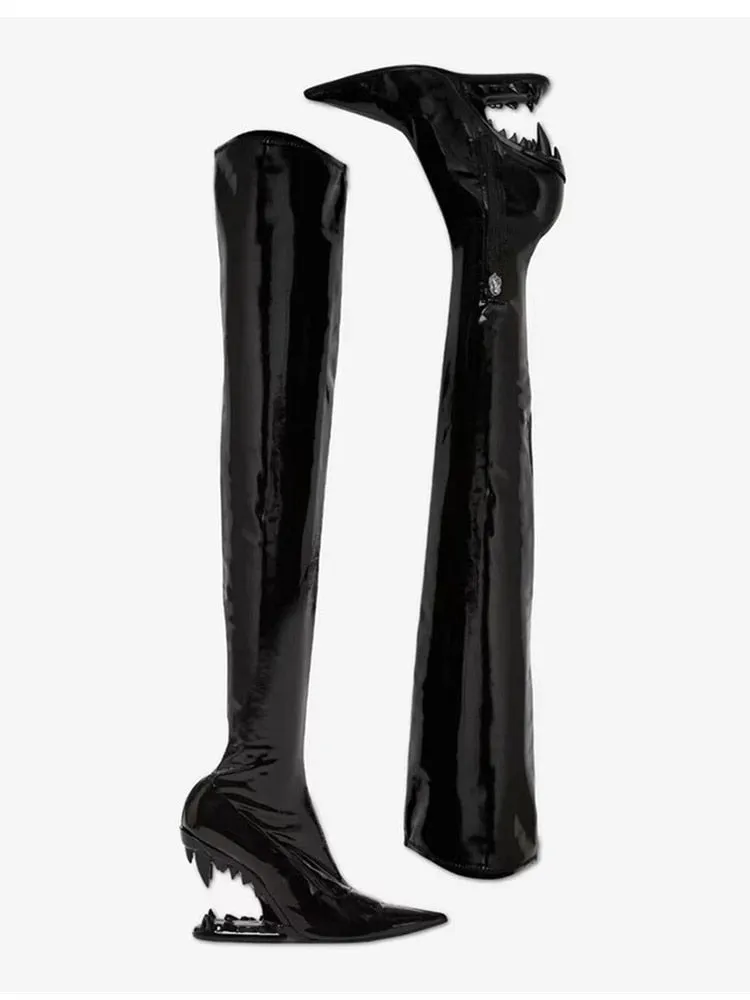 Pointed Toe Over-the-Knee Boots with Teeth Shape Heels