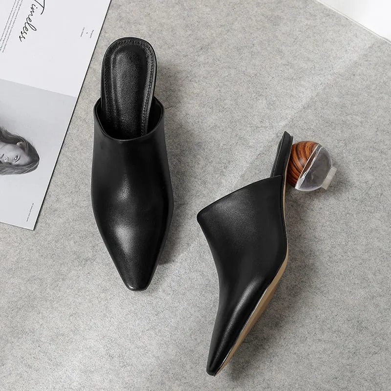 Pointed Toe Translucent Spherical Heel Mules