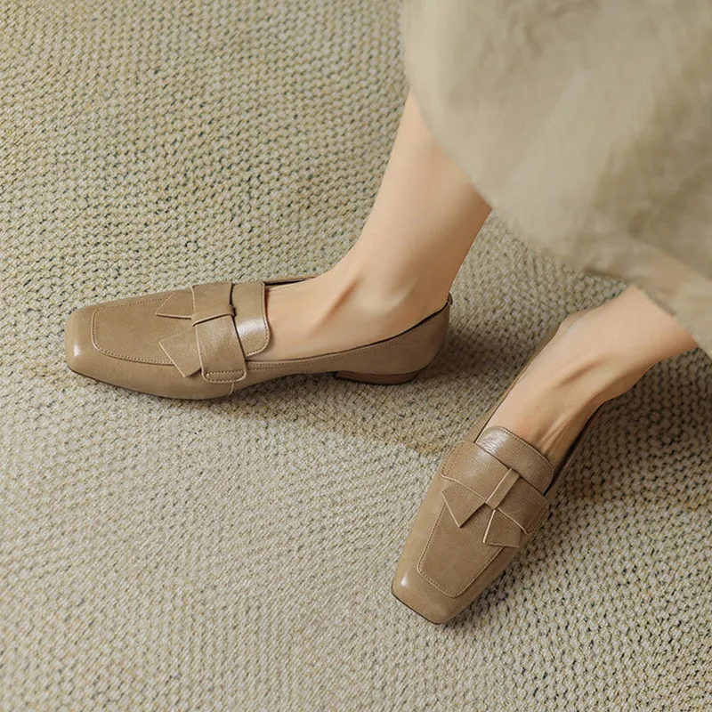 Retro Leather Bowknot Loafers for Women Square Toe in Coffee/Apricot