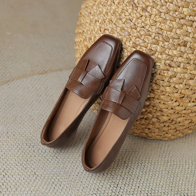 Retro Leather Bowknot Loafers for Women Square Toe in Coffee/Apricot