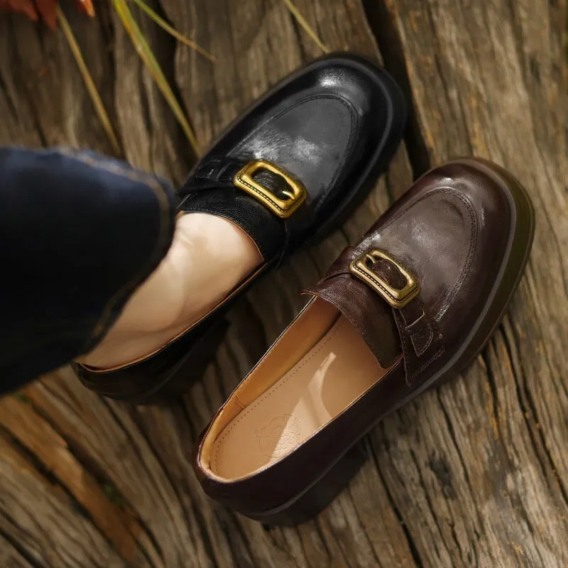 Retro Sheepskin Chunky Loafers With Metal Buckle Details in Coffee/Black