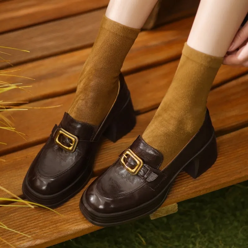 Retro Sheepskin Chunky Loafers With Metal Buckle Details in Coffee/Black