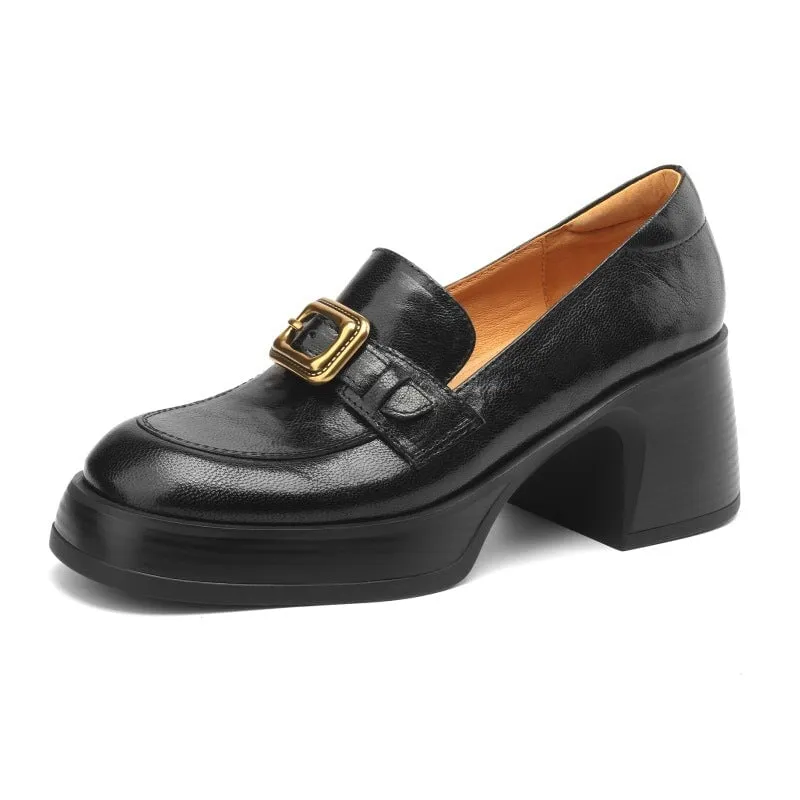 Retro Sheepskin Chunky Loafers With Metal Buckle Details in Coffee/Black