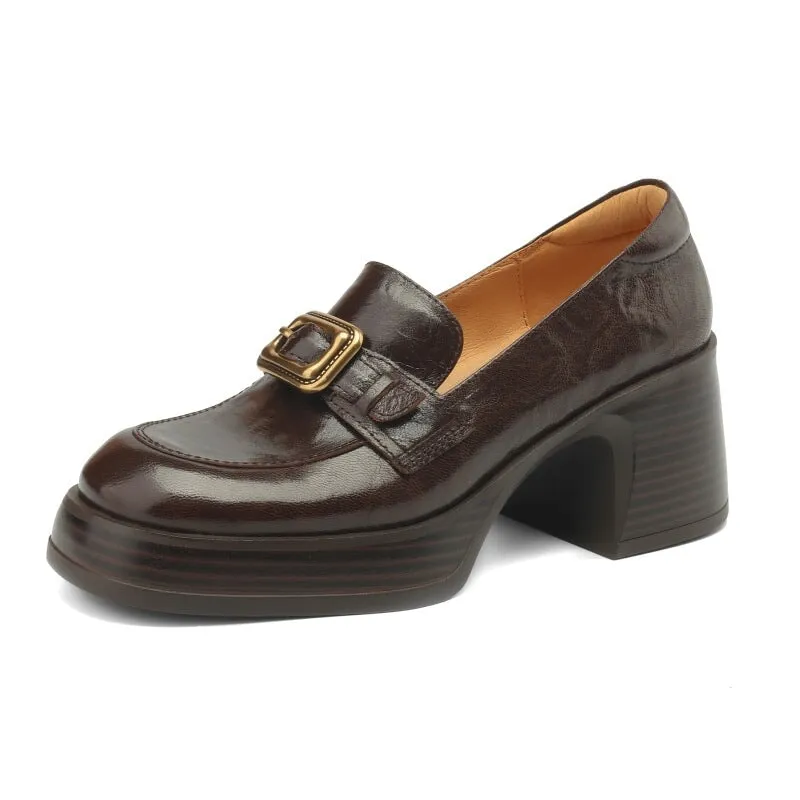 Retro Sheepskin Chunky Loafers With Metal Buckle Details in Coffee/Black