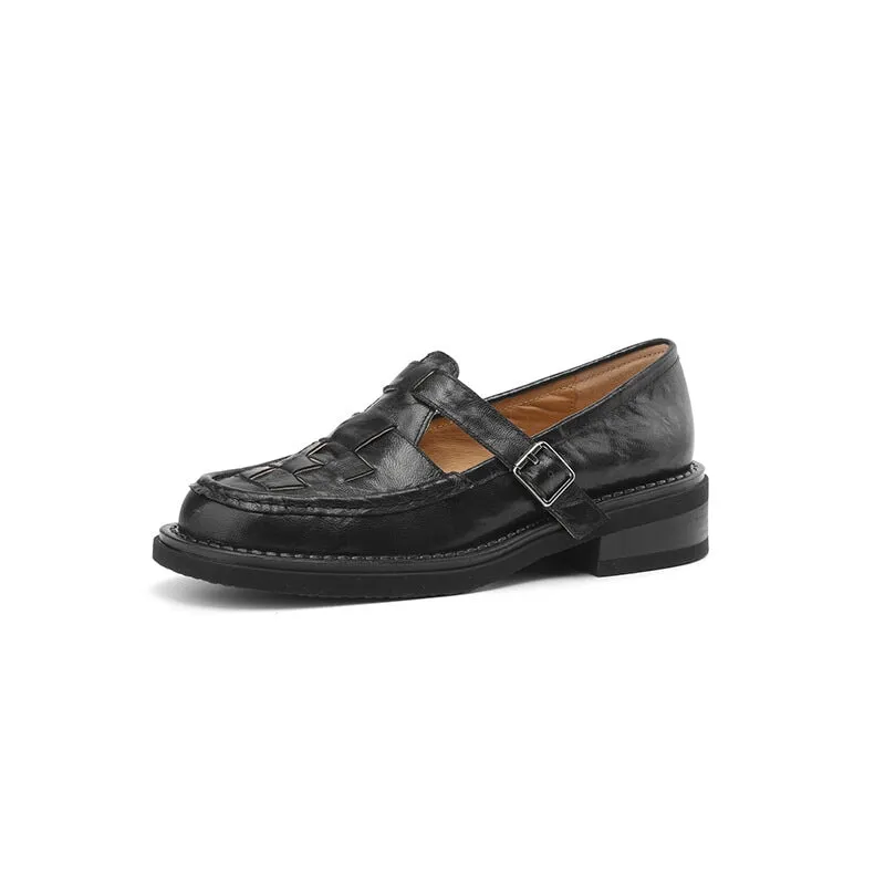 Retro Woven Leather T Strap Mary Jane Shoes In Black/Brown/Beige