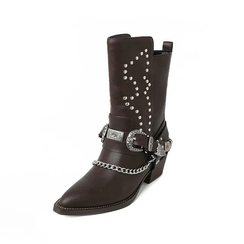 Rivet-embellishment Belted Western Boots Block Heel Leather Short Boots in Black/Brown