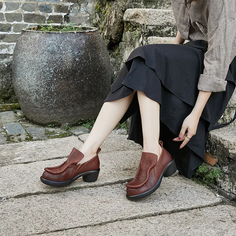 Round Toe 40mm Block Heel Leather Loafers for Women in Brown/Black