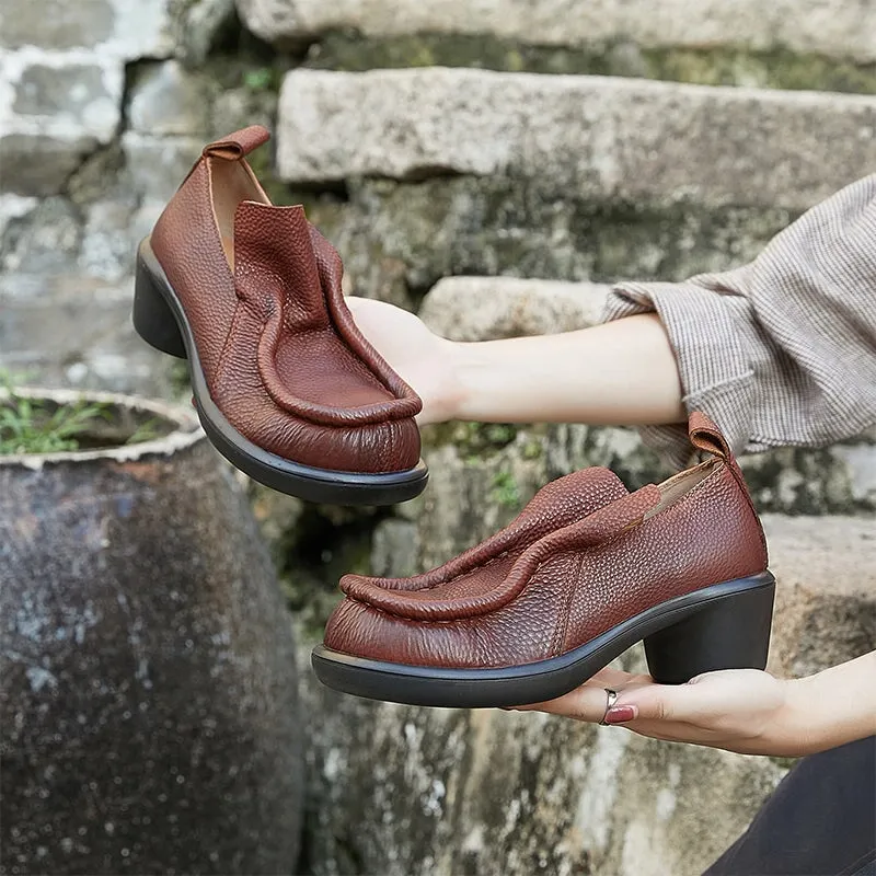 Round Toe 40mm Block Heel Leather Loafers for Women in Brown/Black