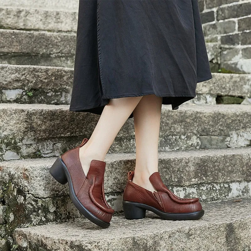 Round Toe 40mm Block Heel Leather Loafers for Women in Brown/Black