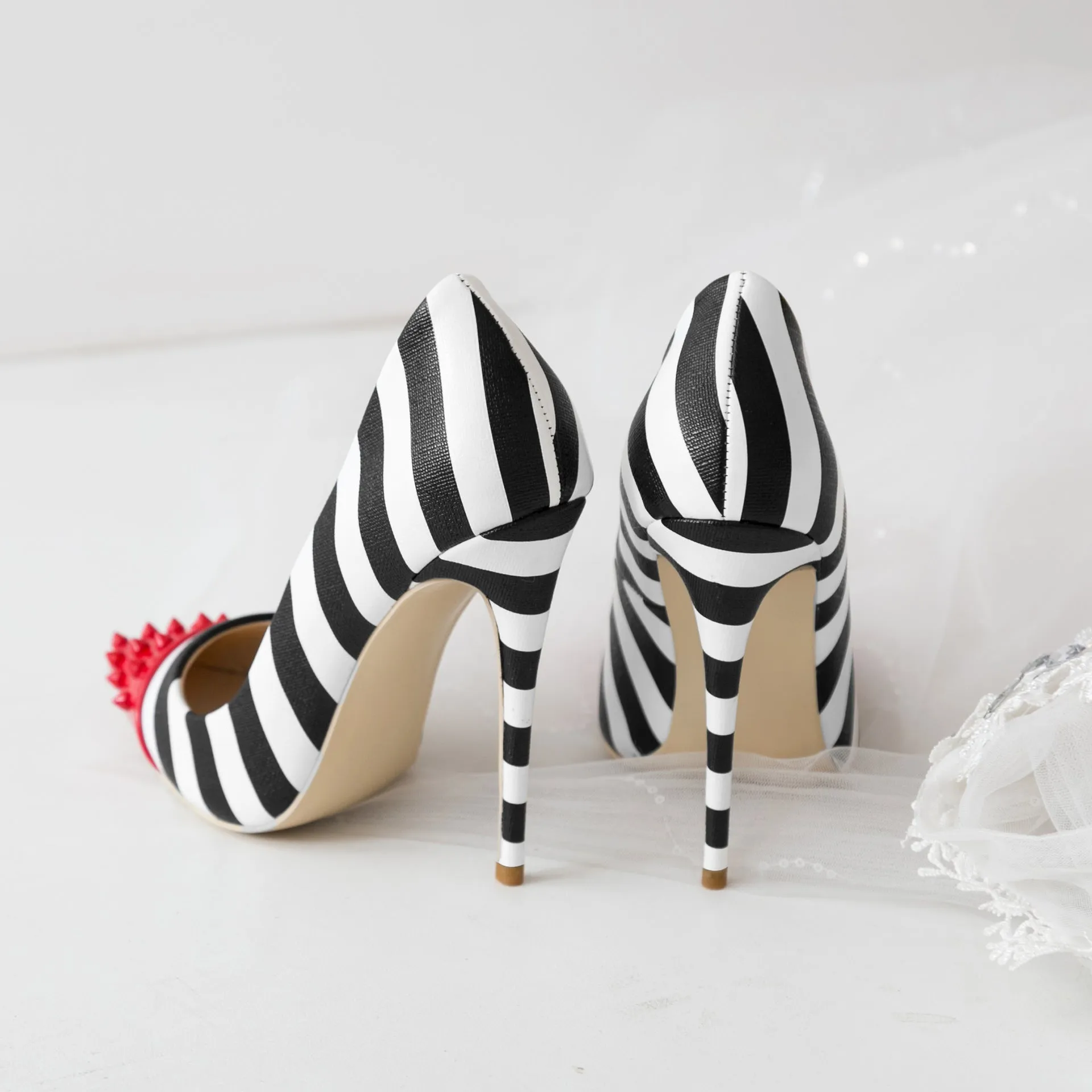 Studded Red Toe Black & White Zebra Striped Pumps