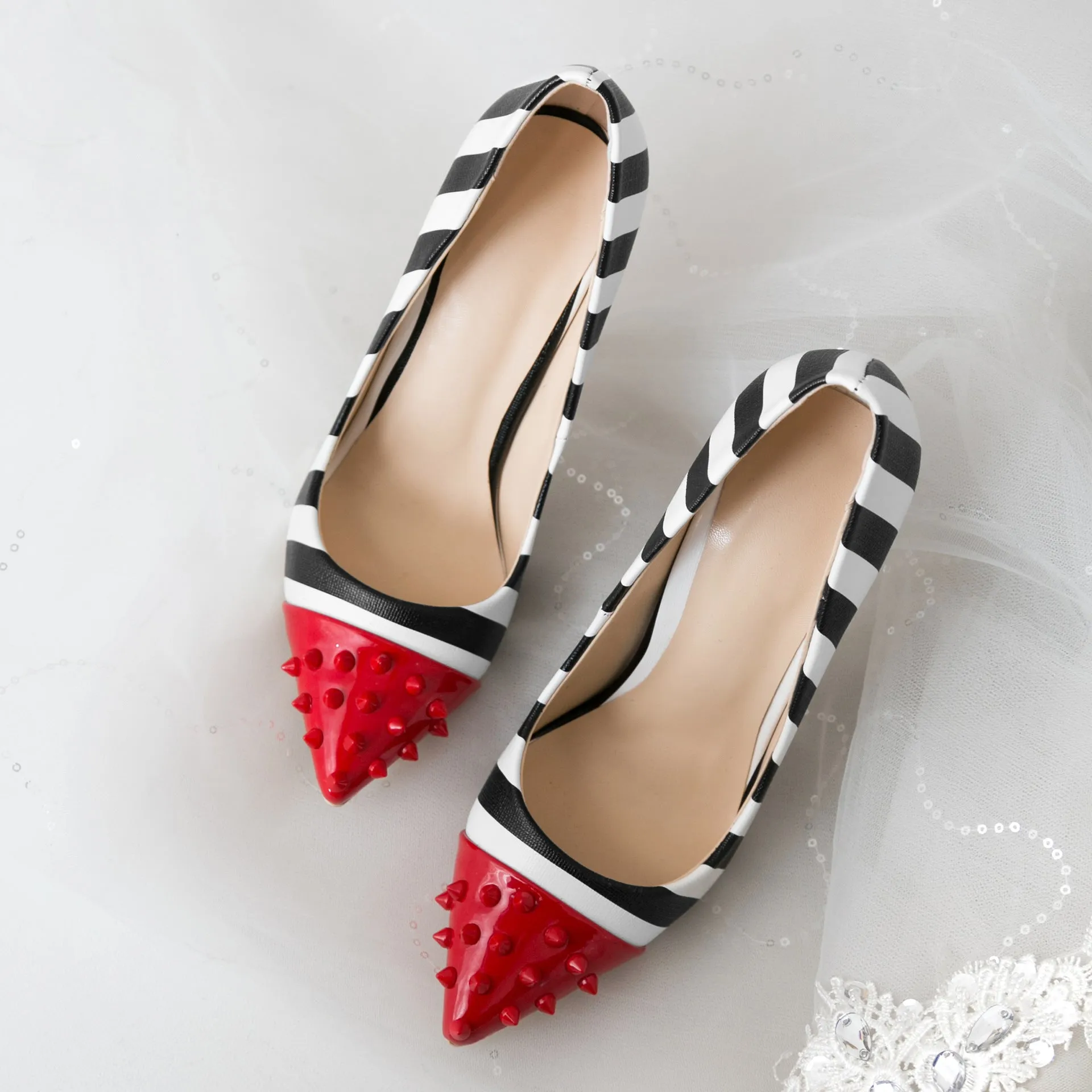 Studded Red Toe Black & White Zebra Striped Pumps