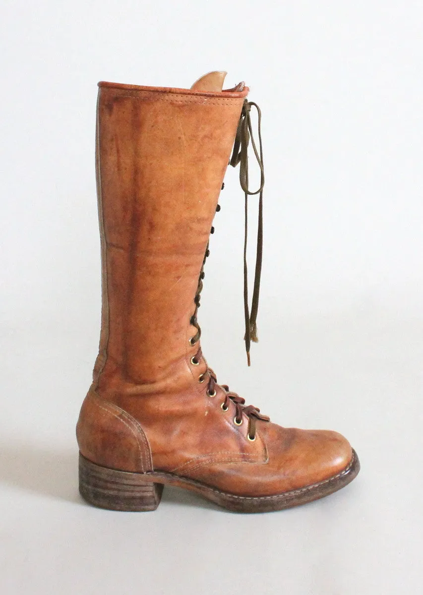 Vintage 1960s Tan Leather Lace Up Work Boots