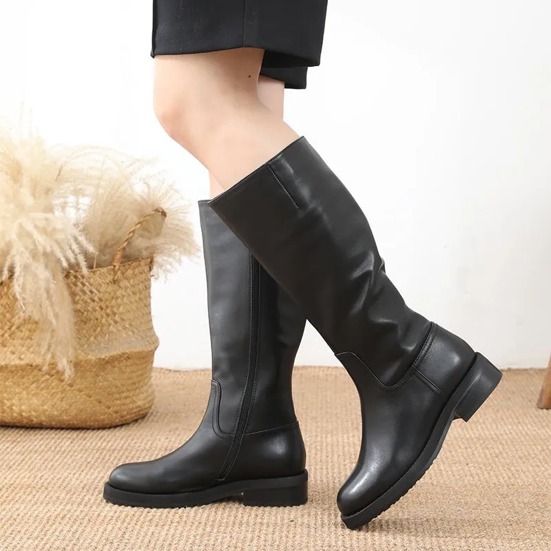 Wide Fit Handmade Leather Knee High Boots Side Zip Riding Boots in Black Short Plush Lining