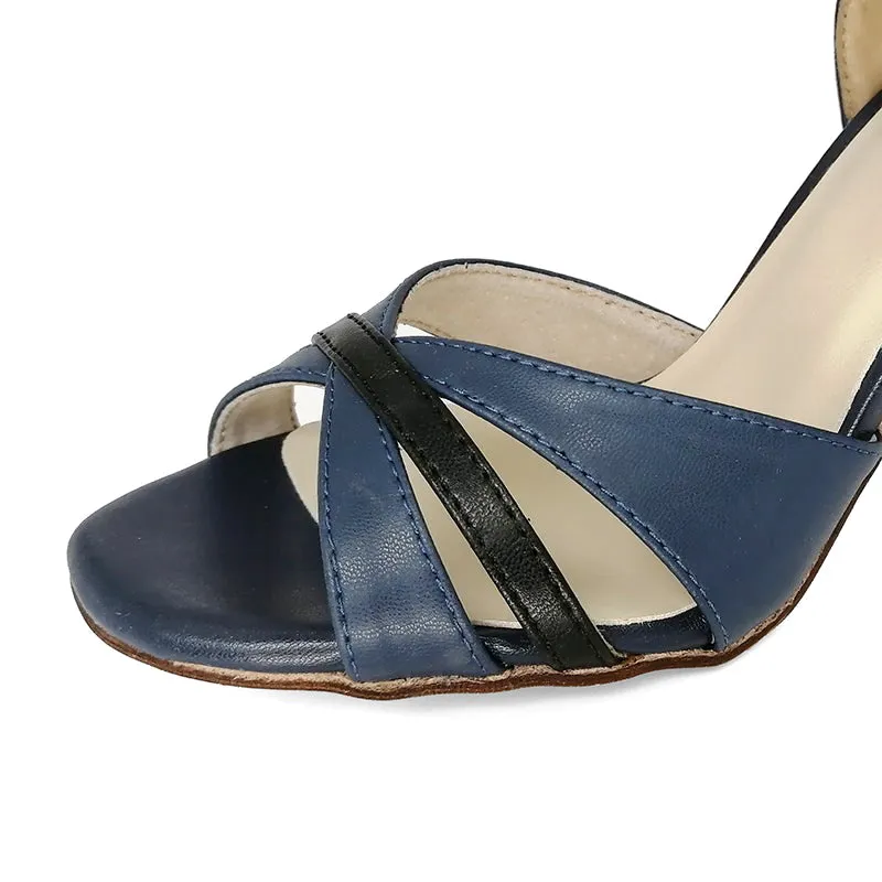 Women's Argentine Tango Shoes High Heel Dance Sandals Leather Sole Blue and Black