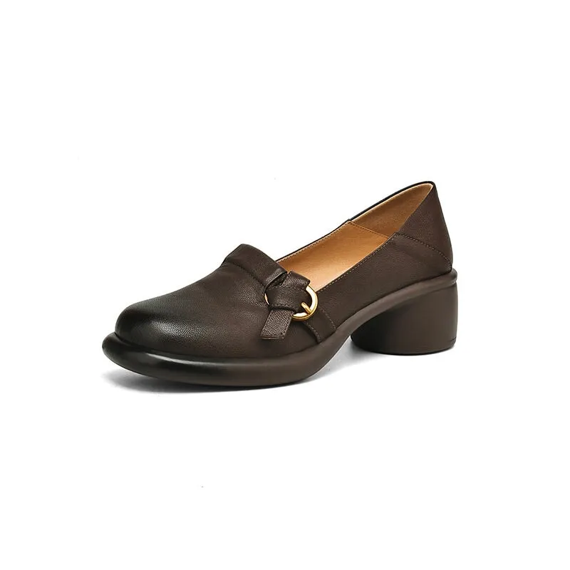 Women's Handmade Retro Round-Toe Block-Heel Pumps in Black/Brown