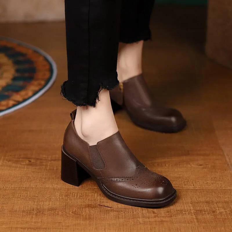 Womens Handmade Retro Square Toe Block Heel Pumps in Black/Brown