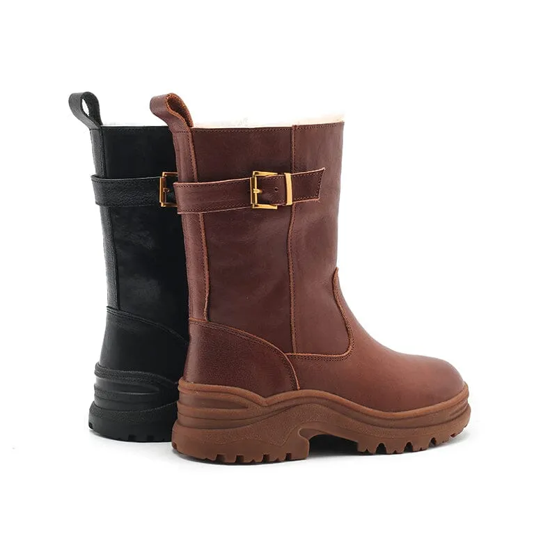 Womens Retro Leather Mid Calf Boots Shearling Lined for Cold Winter Snow Boots in Black/Brown